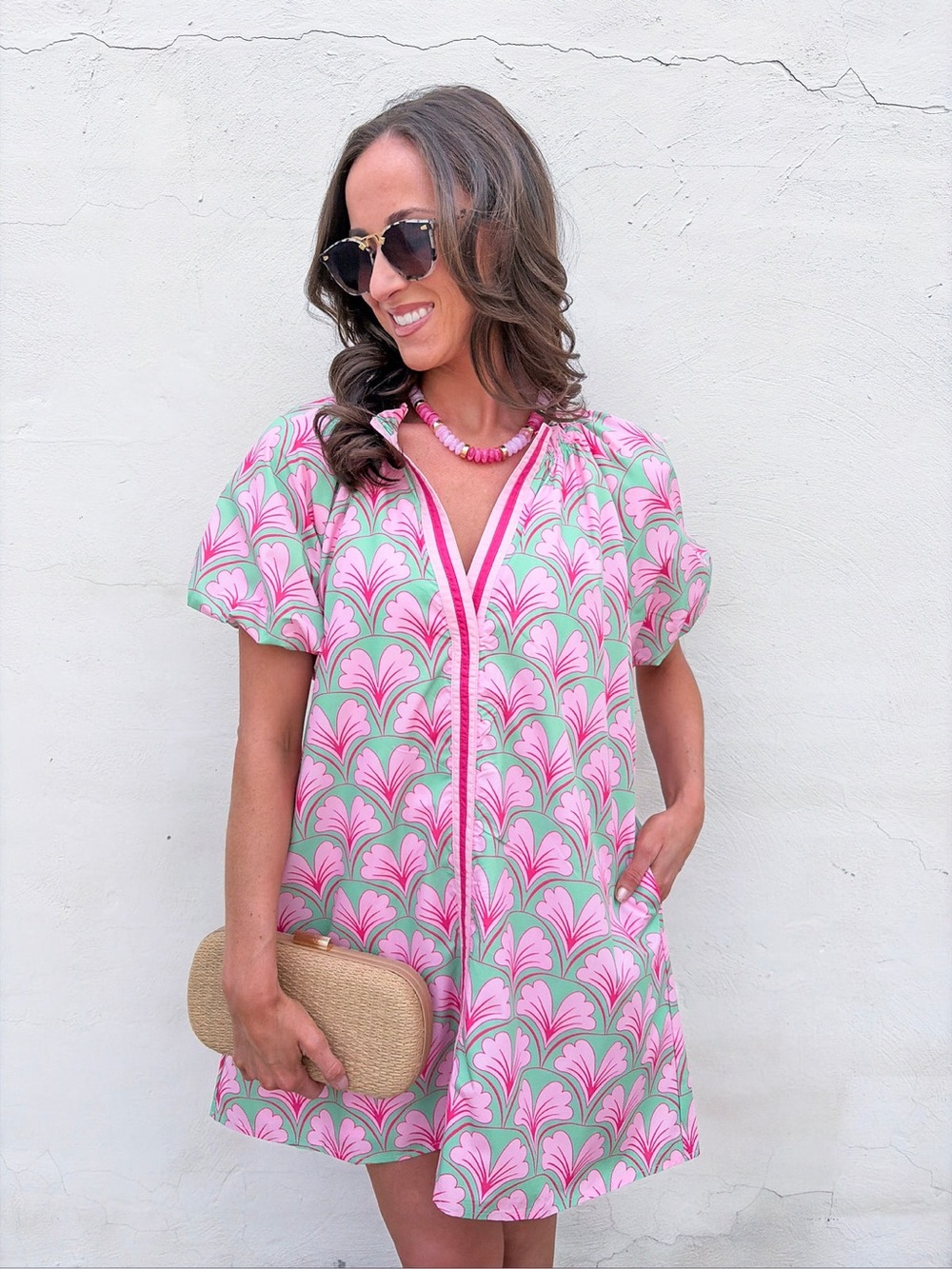 TCEC Petal Paradise Mini Dress Green Pink Floral Puff Sleeve V-Neck Pockets Sz L